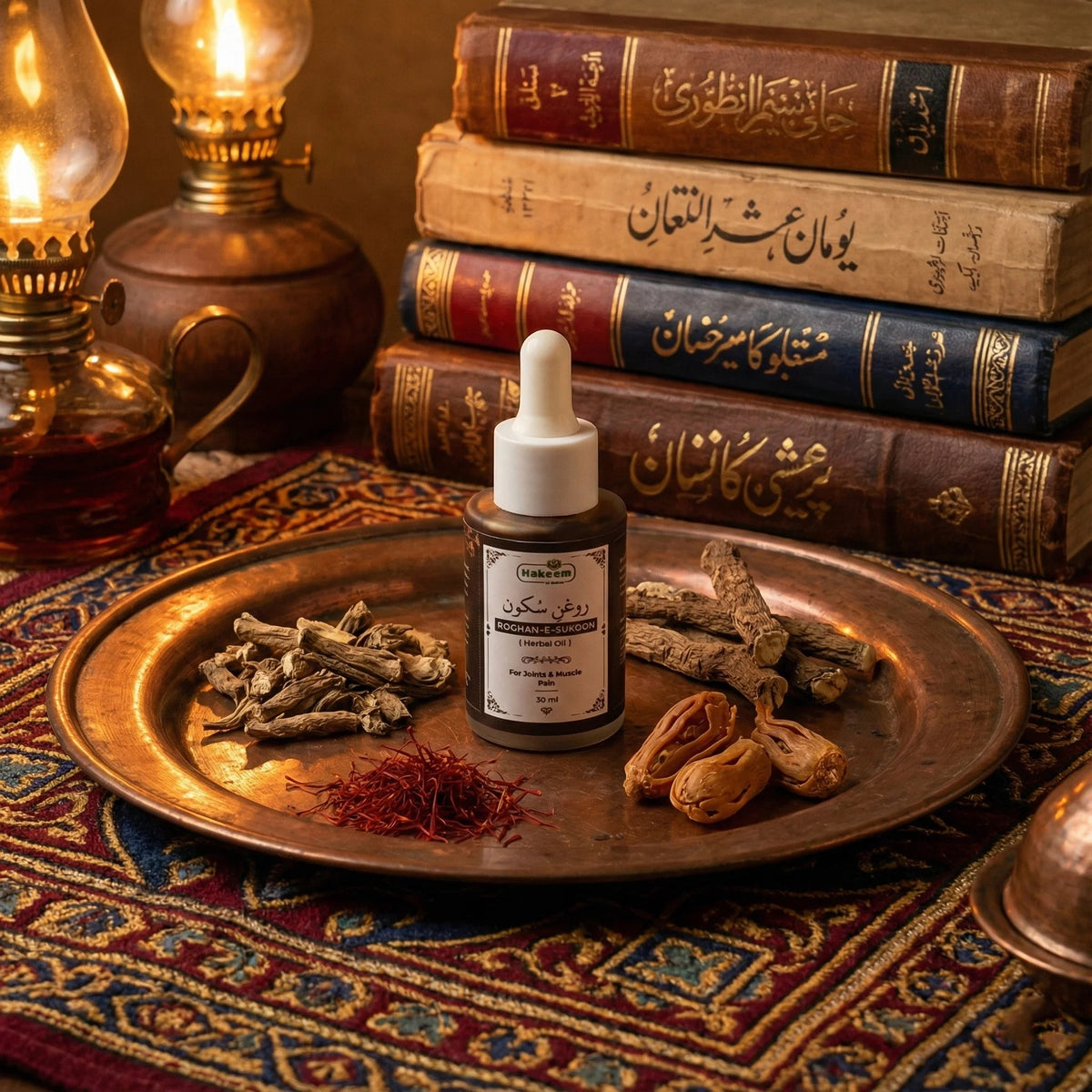 Bottle of Roghan-e-Sukoon on a metal tray with dried herbs and books in the background