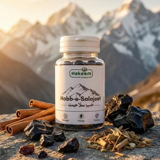 A bottle of Hakeem Habb-e-Salajeet herbal capsules stands on a stone surface with cinnamon sticks, black rocks, and dried herbs, set against a dramatic mountain backdrop at sunset.