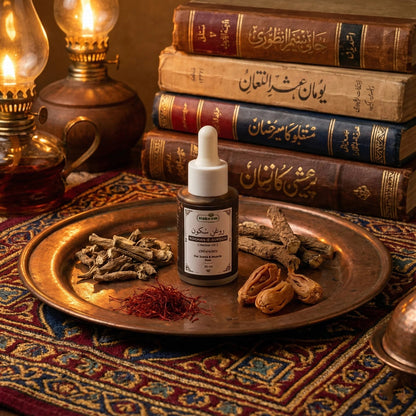Bottle of Roghan-e-Sukoon on a metal tray with dried herbs and books in the background