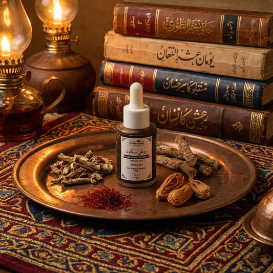 Bottle of Roghan-e-Sukoon on a metal tray with dried herbs and books in the background