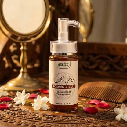 Hakeem Rochan-E-Zulf hair product bottle on a decorative wooden surface with flowers and a comb.