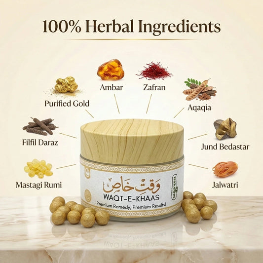 Jar of 'WAQT-E-KHAAS' with 100% herbal ingredients displayed on a beige background